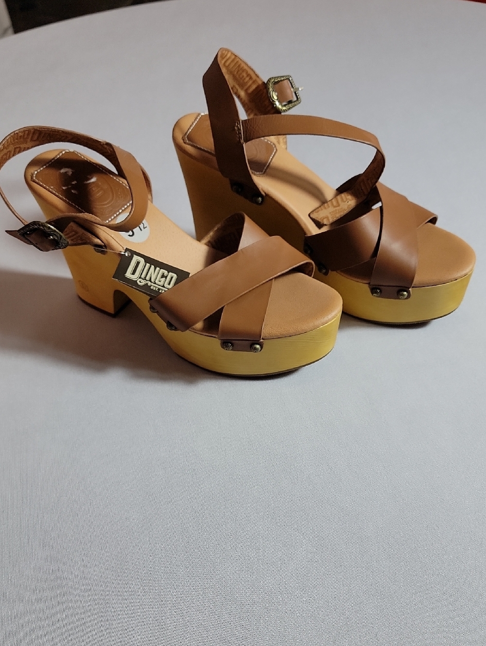 Dingo Brown Leather Strappy Platform Wedge Sandals with Wood-look Platform